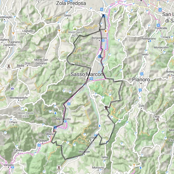 Map miniature of "Monte Belvedere Road Cycling Challenge" cycling inspiration in Emilia-Romagna, Italy. Generated by Tarmacs.app cycling route planner