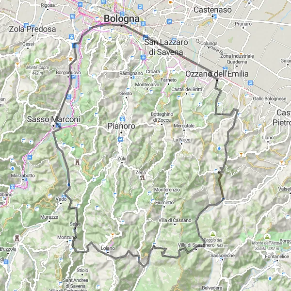 Miniature de la carte de l'inspiration cycliste "Bologna to Borgonuovo" dans la Emilia-Romagna, Italy. Générée par le planificateur d'itinéraire cycliste Tarmacs.app