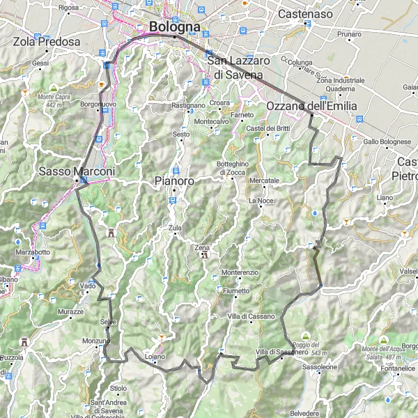 Miniatura della mappa di ispirazione al ciclismo "Road Challenge da Bologna a Borgonuovo" nella regione di Emilia-Romagna, Italy. Generata da Tarmacs.app, pianificatore di rotte ciclistiche