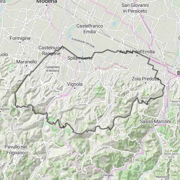 Map miniature of "Challenging Loop to Savigno and Spilamberto" cycling inspiration in Emilia-Romagna, Italy. Generated by Tarmacs.app cycling route planner