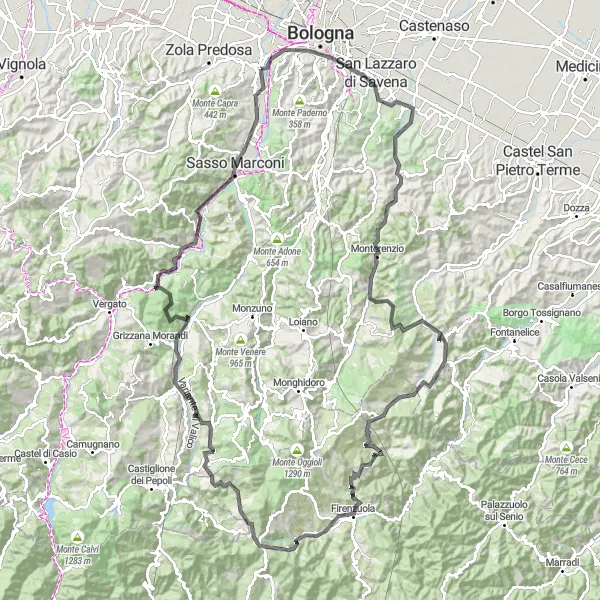 Miniatuurkaart van de fietsinspiratie "Bologna naar Villa Grifone" in Emilia-Romagna, Italy. Gemaakt door de Tarmacs.app fietsrouteplanner