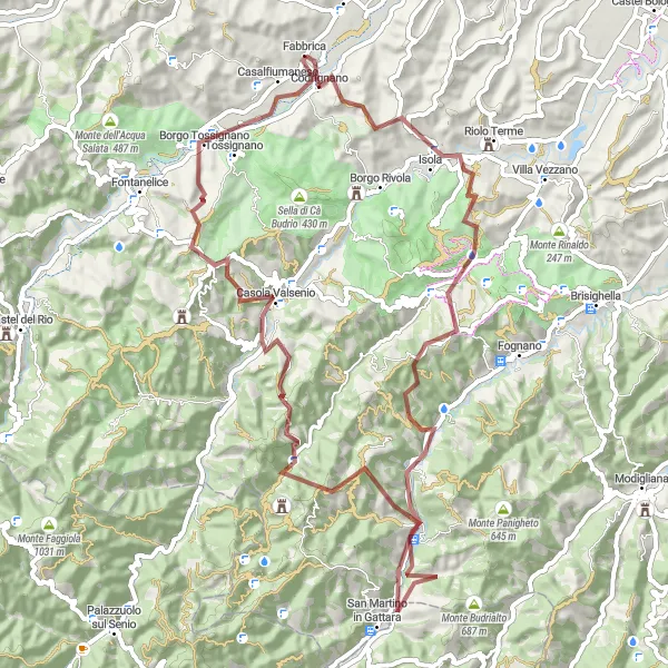 Kartminiatyr av "Äventyrlig resa till Rocca di San Cassiano" cykelinspiration i Emilia-Romagna, Italy. Genererad av Tarmacs.app cykelruttplanerare