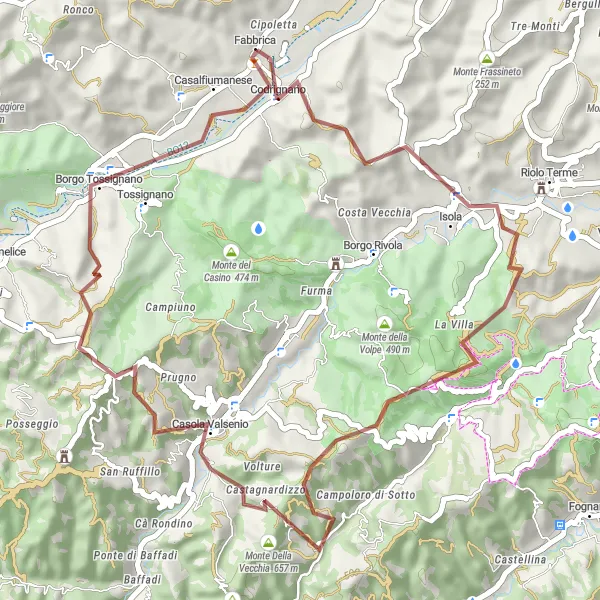 Miniaturní mapa "Gravelový okruh kolem Monte Casazza" inspirace pro cyklisty v oblasti Emilia-Romagna, Italy. Vytvořeno pomocí plánovače tras Tarmacs.app