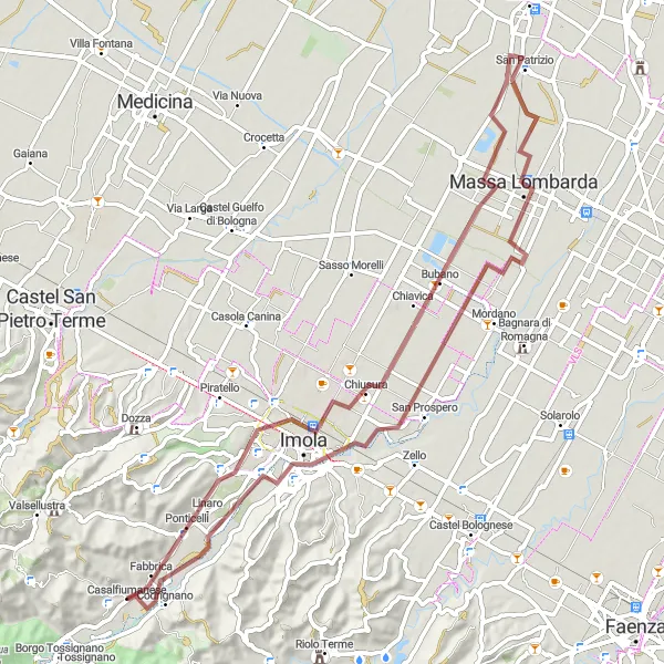 Map miniature of "Massa Lombarda Gravel Cycling Route" cycling inspiration in Emilia-Romagna, Italy. Generated by Tarmacs.app cycling route planner