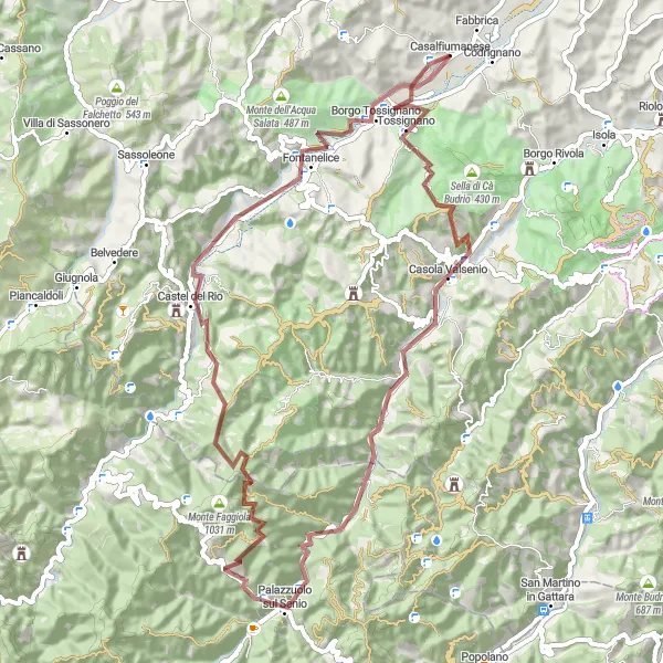 Miniatua del mapa de inspiración ciclista "Ruta de Casalfiumanese a Borgo Tossignano" en Emilia-Romagna, Italy. Generado por Tarmacs.app planificador de rutas ciclistas