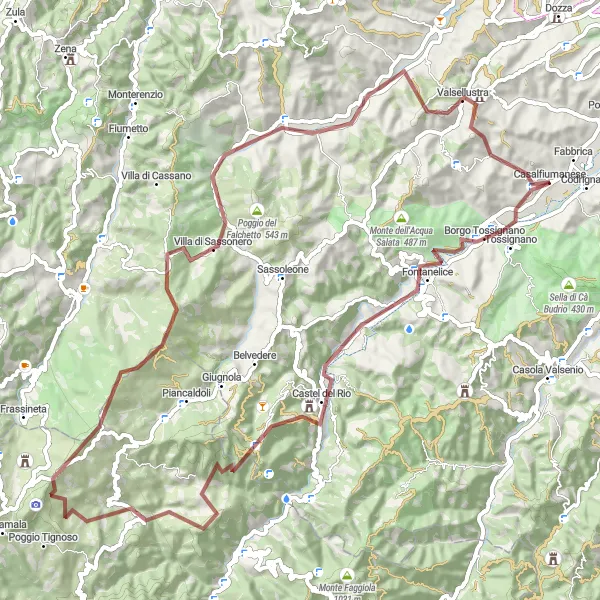 Miniatura della mappa di ispirazione al ciclismo "Sfida gravel tra Borgo Tossignano e Ceredola" nella regione di Emilia-Romagna, Italy. Generata da Tarmacs.app, pianificatore di rotte ciclistiche