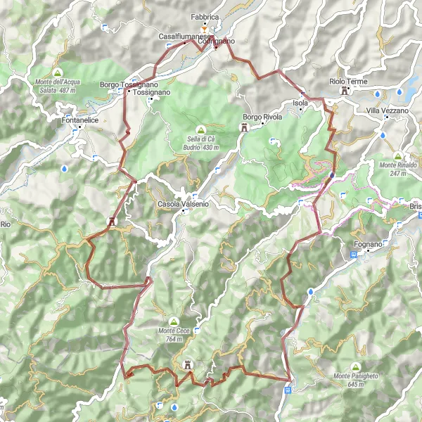 Kartminiatyr av "Grusvei eventyr til Monte Mauro og Monte Pianaccino" sykkelinspirasjon i Emilia-Romagna, Italy. Generert av Tarmacs.app sykkelrutoplanlegger