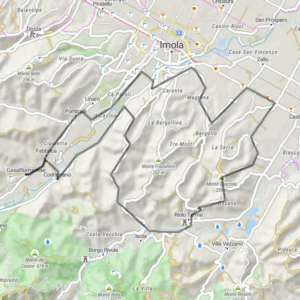 Map miniature of "Casalfiumanese and Monte Castellaccio Loop" cycling inspiration in Emilia-Romagna, Italy. Generated by Tarmacs.app cycling route planner