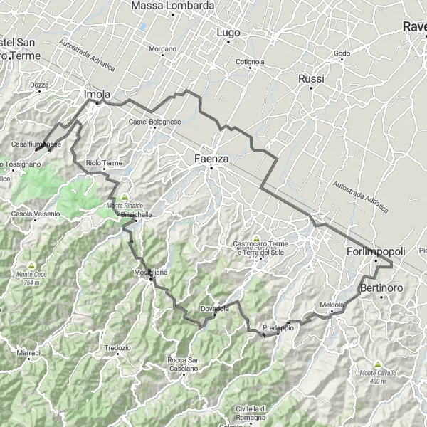 Miniatura della mappa di ispirazione al ciclismo "Da Casalfiumanese a Monte Castellaccio" nella regione di Emilia-Romagna, Italy. Generata da Tarmacs.app, pianificatore di rotte ciclistiche