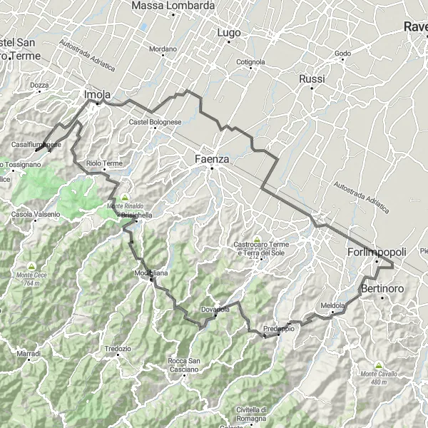 Karttaminiaatyyri "Casalfiumanese - Monte Castellaccio - Forlì - Monte del Ballo - Casalfiumanese" pyöräilyinspiraatiosta alueella Emilia-Romagna, Italy. Luotu Tarmacs.app pyöräilyreittisuunnittelijalla