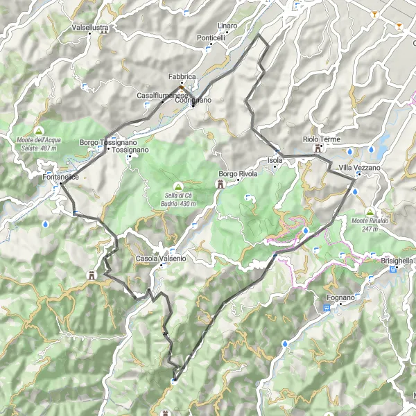Miniatua del mapa de inspiración ciclista "Ruta de Monte del Ballo a Borgo Tossignano" en Emilia-Romagna, Italy. Generado por Tarmacs.app planificador de rutas ciclistas