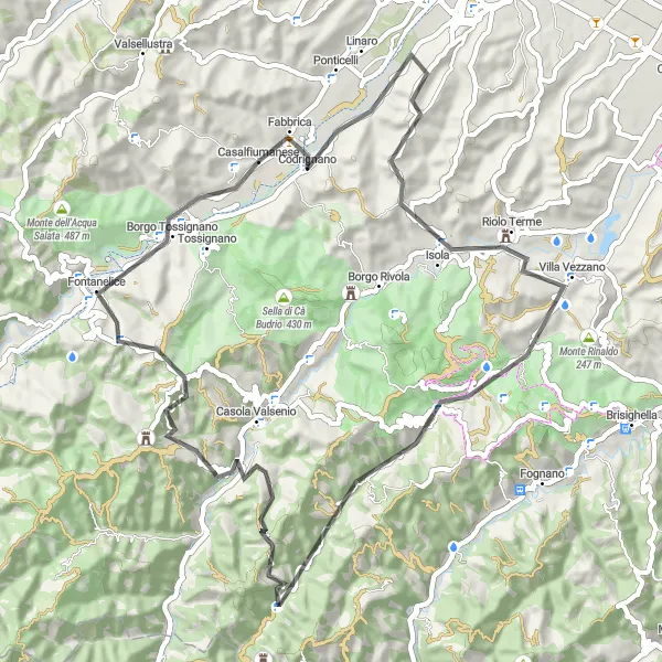 Karttaminiaatyyri "Casalfiumanese - Monte del Ballo - Passo Rive del Cerro - Borgo Tossignano - Casalfiumanese" pyöräilyinspiraatiosta alueella Emilia-Romagna, Italy. Luotu Tarmacs.app pyöräilyreittisuunnittelijalla