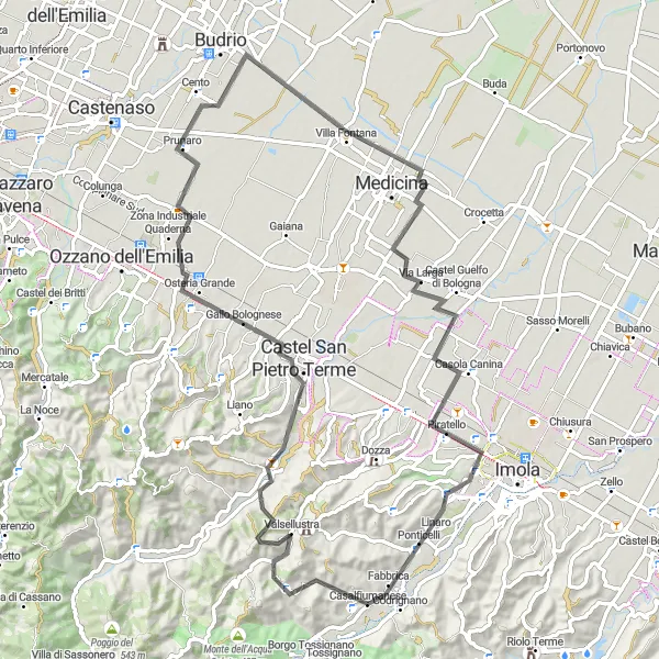 Map miniature of "Casalfiumanese and Castel Guelfo di Bologna Road Cycling Route" cycling inspiration in Emilia-Romagna, Italy. Generated by Tarmacs.app cycling route planner