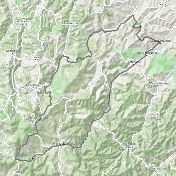 Miniature de la carte de l'inspiration cycliste "Tour des montagnes de Bologne" dans la Emilia-Romagna, Italy. Générée par le planificateur d'itinéraire cycliste Tarmacs.app