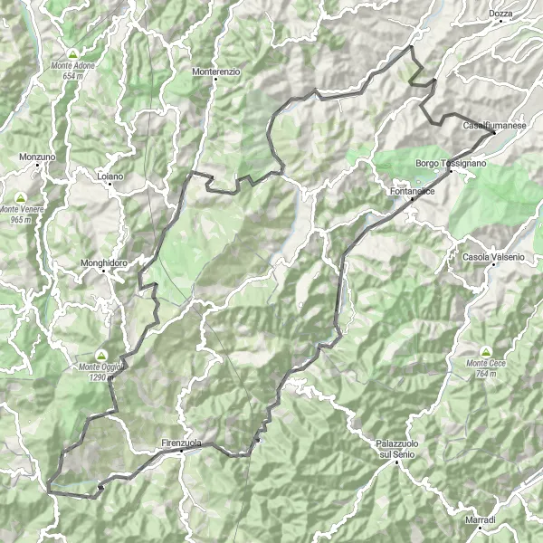 Karttaminiaatyyri "Casalfiumanese - Monte Vanedola - Firenzuola - Passo della Futa - La Collina - Casalfiumanese" pyöräilyinspiraatiosta alueella Emilia-Romagna, Italy. Luotu Tarmacs.app pyöräilyreittisuunnittelijalla