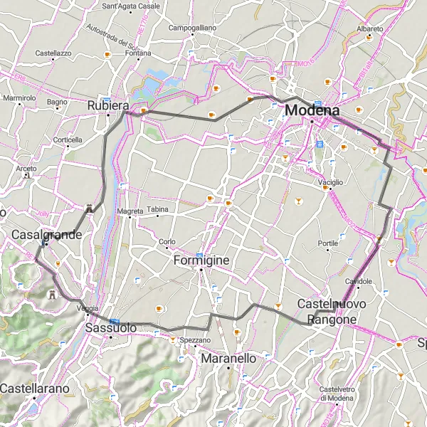 Miniatua del mapa de inspiración ciclista "Ruta Aventurera por Marzaglia y Veggia" en Emilia-Romagna, Italy. Generado por Tarmacs.app planificador de rutas ciclistas