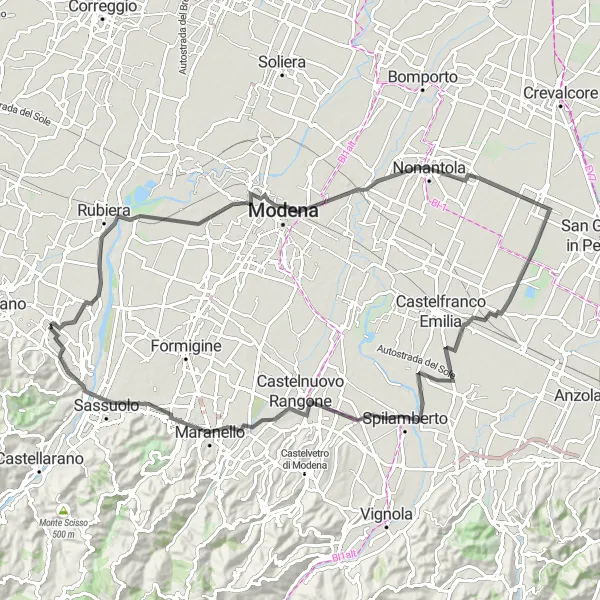 Miniatua del mapa de inspiración ciclista "Ruta Escénica por Manzolino y Settecani" en Emilia-Romagna, Italy. Generado por Tarmacs.app planificador de rutas ciclistas