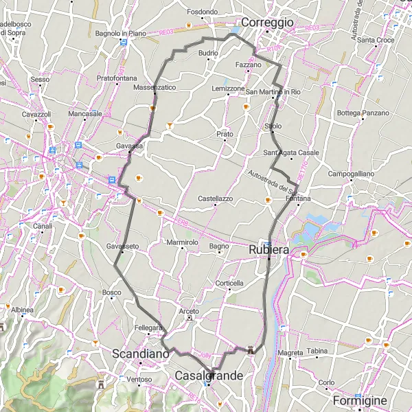 Miniatua del mapa de inspiración ciclista "Ruta de Ciclismo por Gavassa y Stiolo" en Emilia-Romagna, Italy. Generado por Tarmacs.app planificador de rutas ciclistas