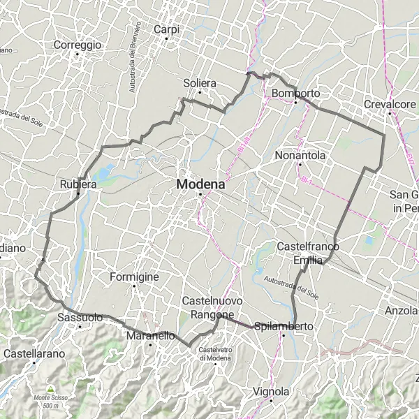 Zemljevid v pomanjšavi "Izzivna pot do settecani" kolesarske inspiracije v Emilia-Romagna, Italy. Generirano z načrtovalcem kolesarskih poti Tarmacs.app