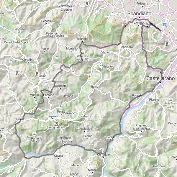 Kartminiatyr av "Oppdag kulturelle skatter på Monti Felina" sykkelinspirasjon i Emilia-Romagna, Italy. Generert av Tarmacs.app sykkelrutoplanlegger