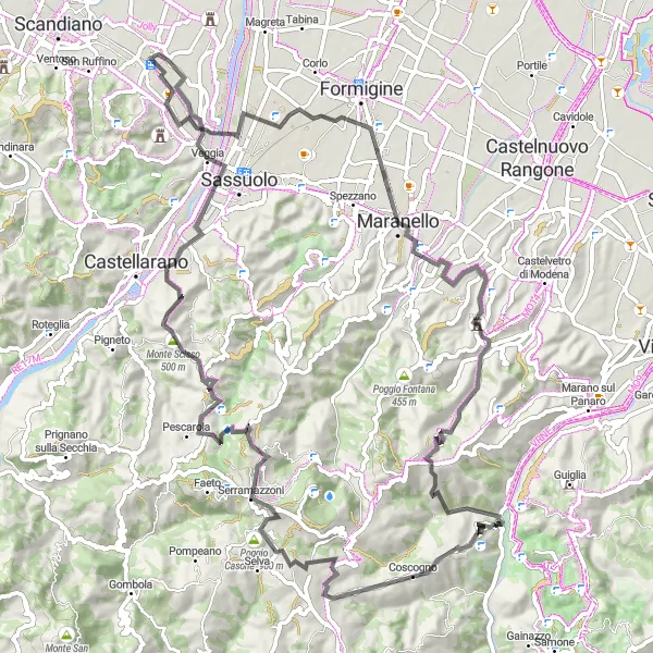 Kartminiatyr av "Utmanande cykelrutt från Casalgrande till Poggio Casone" cykelinspiration i Emilia-Romagna, Italy. Genererad av Tarmacs.app cykelruttplanerare