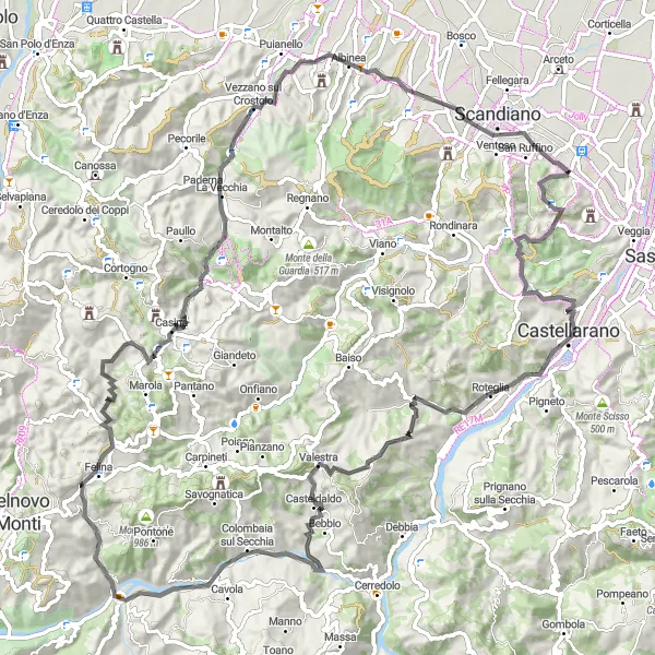 Map miniature of "Mountains and Castles" cycling inspiration in Emilia-Romagna, Italy. Generated by Tarmacs.app cycling route planner