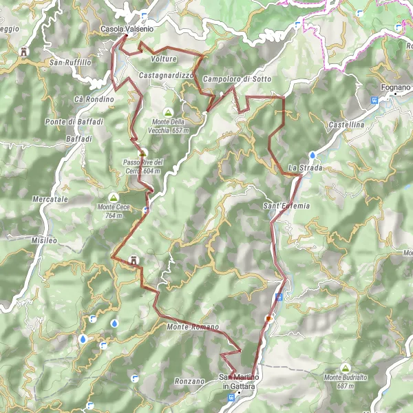 Map miniature of "Gravel Adventure in Casola Valsenio" cycling inspiration in Emilia-Romagna, Italy. Generated by Tarmacs.app cycling route planner