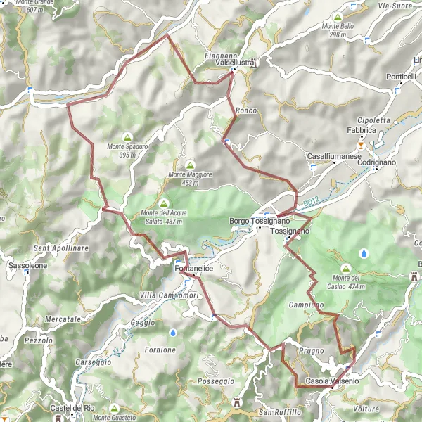 Map miniature of "Gravel Adventure in the Mountains near Casola Valsenio" cycling inspiration in Emilia-Romagna, Italy. Generated by Tarmacs.app cycling route planner