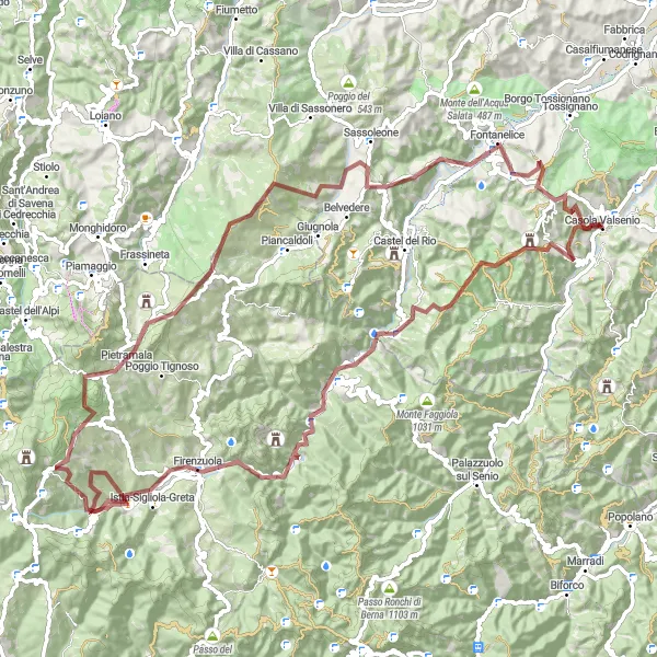 Map miniature of "Gravel Adventure: Casola Valsenio and its Surroundings" cycling inspiration in Emilia-Romagna, Italy. Generated by Tarmacs.app cycling route planner