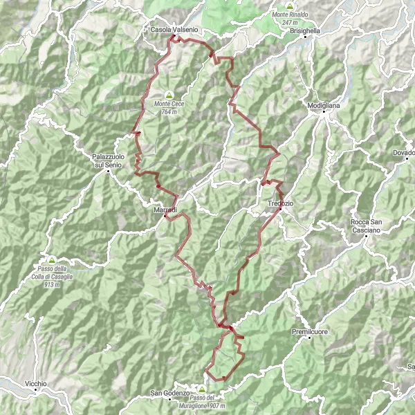 Map miniature of "The Ultimate Gravel Challenge: Conquer Monte Bassana" cycling inspiration in Emilia-Romagna, Italy. Generated by Tarmacs.app cycling route planner