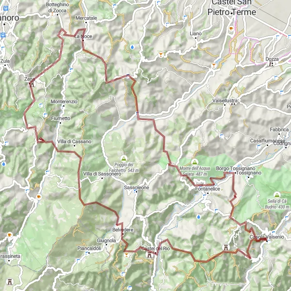 Map miniature of "Gravel Adventure: The Beauty of Castel del Rio" cycling inspiration in Emilia-Romagna, Italy. Generated by Tarmacs.app cycling route planner