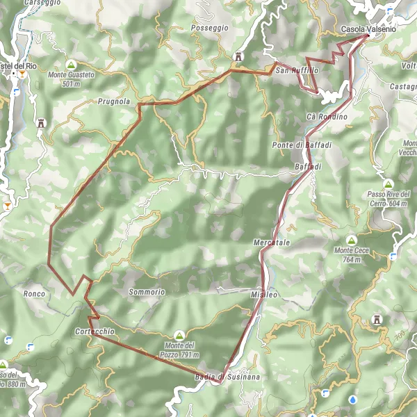 Map miniature of "Monte del Pozzo and Rocca di Monte Battaglia Gravel Loop" cycling inspiration in Emilia-Romagna, Italy. Generated by Tarmacs.app cycling route planner