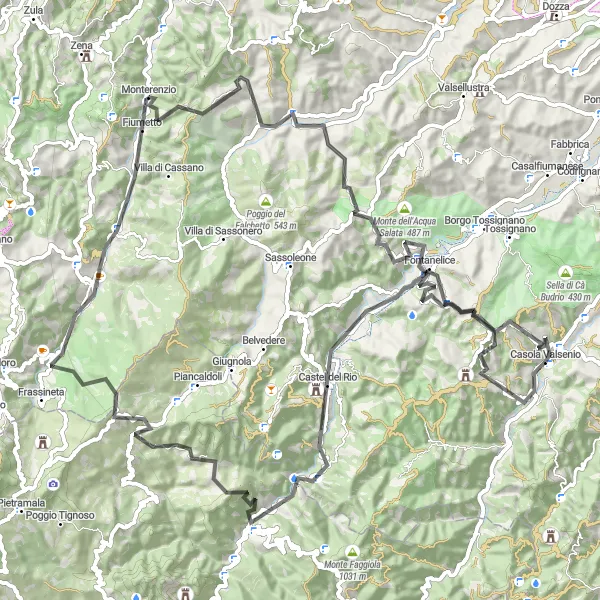 Kartminiatyr av "Historiske stier og landskapsutsikter" sykkelinspirasjon i Emilia-Romagna, Italy. Generert av Tarmacs.app sykkelrutoplanlegger