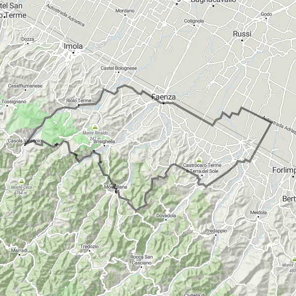 Mapa miniatúra "Cestný okruh cez Faenza a Modigliana" cyklistická inšpirácia v Emilia-Romagna, Italy. Vygenerované cyklistickým plánovačom trás Tarmacs.app