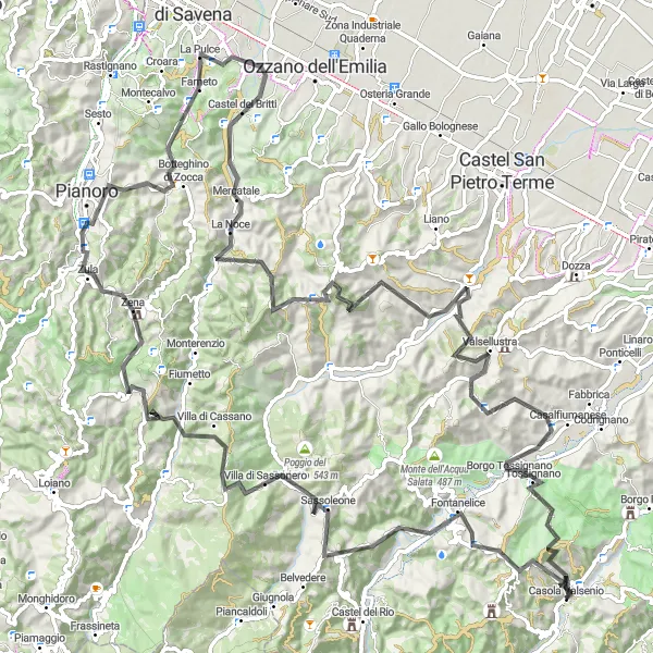 Karttaminiaatyyri "Passo del Prugno - Monte Cerere - Borgo Tossignano - Casola Valsenio Maantiekierto" pyöräilyinspiraatiosta alueella Emilia-Romagna, Italy. Luotu Tarmacs.app pyöräilyreittisuunnittelijalla