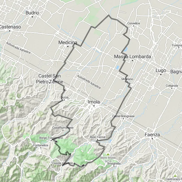 Zemljevid v pomanjšavi "Kolesarska pot okoli Casola Valsenio" kolesarske inspiracije v Emilia-Romagna, Italy. Generirano z načrtovalcem kolesarskih poti Tarmacs.app