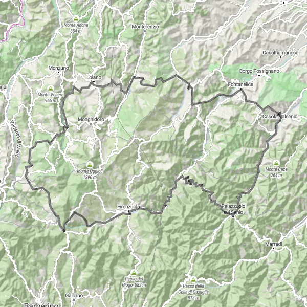 Mapa miniatúra "Kolo okolo Casola Valsenia - Road" cyklistická inšpirácia v Emilia-Romagna, Italy. Vygenerované cyklistickým plánovačom trás Tarmacs.app