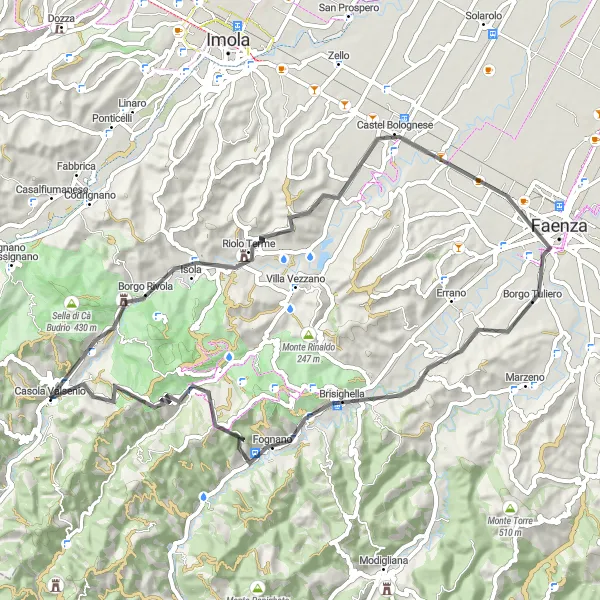 Karttaminiaatyyri "Casola Valsenio - Monte Castellaro - Monte Ghebbio - Faenza Maantiekierto" pyöräilyinspiraatiosta alueella Emilia-Romagna, Italy. Luotu Tarmacs.app pyöräilyreittisuunnittelijalla