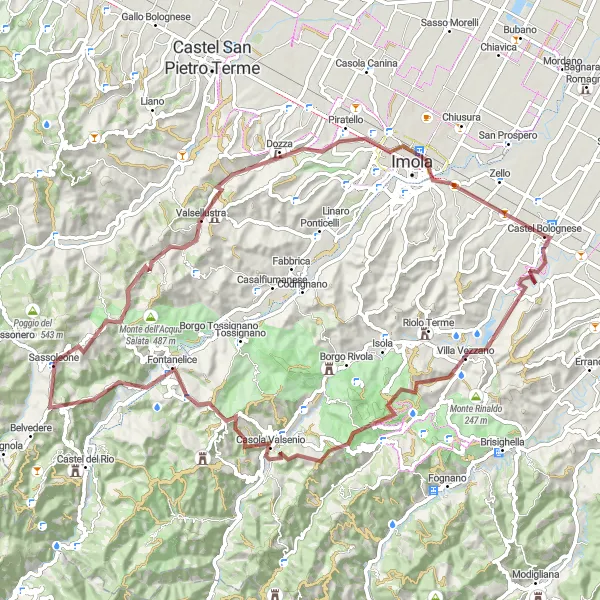 Map miniature of "Gravel Adventure to Sassoleone" cycling inspiration in Emilia-Romagna, Italy. Generated by Tarmacs.app cycling route planner