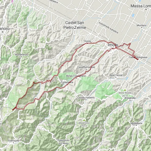 Miniatua del mapa de inspiración ciclista "Ruta de Grava de Imola a Zello" en Emilia-Romagna, Italy. Generado por Tarmacs.app planificador de rutas ciclistas