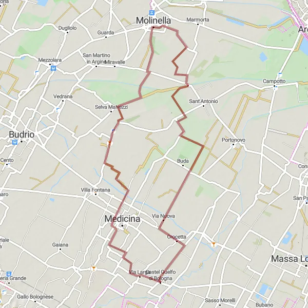 Map miniature of "Gravel Delight: Medicina to Oratorio del santissimo sacramento" cycling inspiration in Emilia-Romagna, Italy. Generated by Tarmacs.app cycling route planner