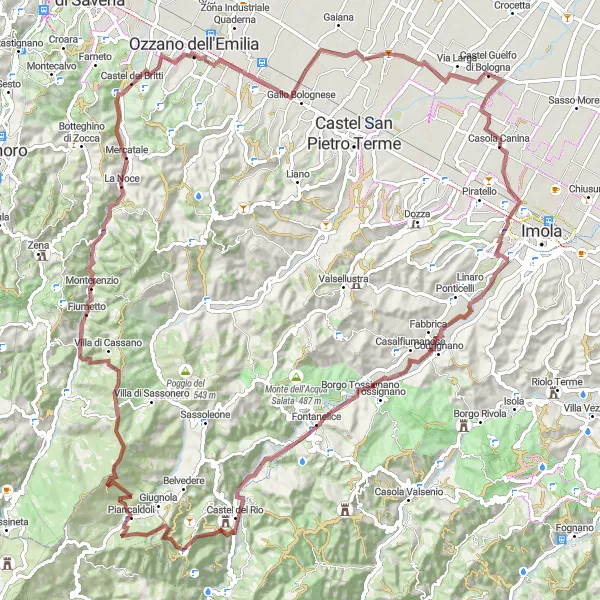 Map miniature of "Castel Guelfo di Bologna Gravel Cycling Route" cycling inspiration in Emilia-Romagna, Italy. Generated by Tarmacs.app cycling route planner