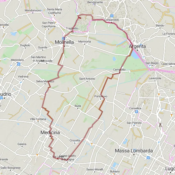 Miniatua del mapa de inspiración ciclista "Ruta de ciclismo de Grava desde Castel Guelfo di Bologna" en Emilia-Romagna, Italy. Generado por Tarmacs.app planificador de rutas ciclistas