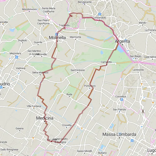 Map miniature of "Charming Gravel Ride: Medicina to Castel Guelfo di Bologna" cycling inspiration in Emilia-Romagna, Italy. Generated by Tarmacs.app cycling route planner