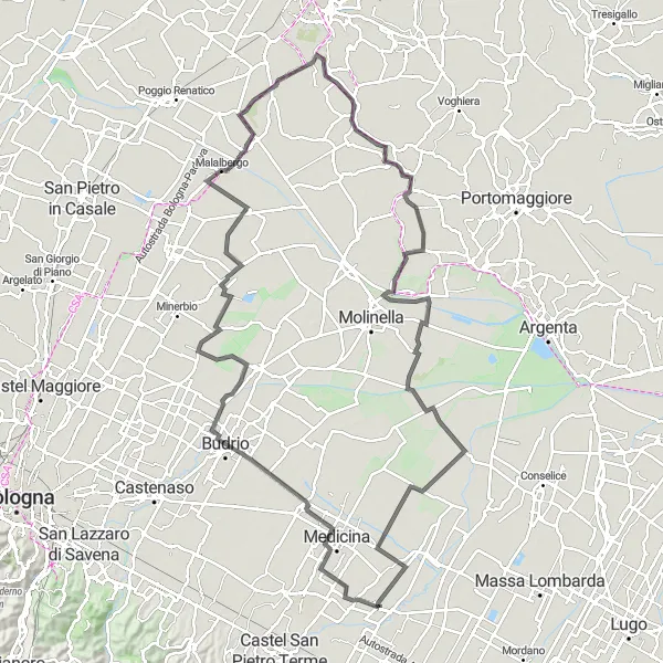 Map miniature of "Castel Guelfo - Torre della Fossa Adventure" cycling inspiration in Emilia-Romagna, Italy. Generated by Tarmacs.app cycling route planner