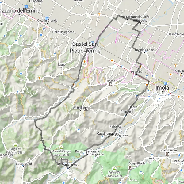 Zemljevid v pomanjšavi "Razgibana cestna pot skozi slikovito pokrajino z vzponi in spusti" kolesarske inspiracije v Emilia-Romagna, Italy. Generirano z načrtovalcem kolesarskih poti Tarmacs.app