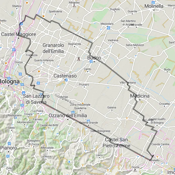 Zemljevid v pomanjšavi "Kolesarska tura v bližini Castel Maggiore (Emilia-Romagna, Italija)" kolesarske inspiracije v Emilia-Romagna, Italy. Generirano z načrtovalcem kolesarskih poti Tarmacs.app