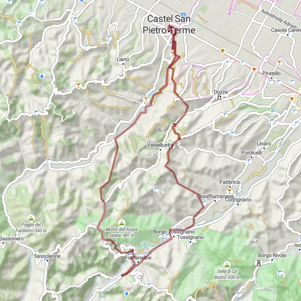 Miniaturní mapa "Gravelová výzva v Emilia-Romagna" inspirace pro cyklisty v oblasti Emilia-Romagna, Italy. Vytvořeno pomocí plánovače tras Tarmacs.app