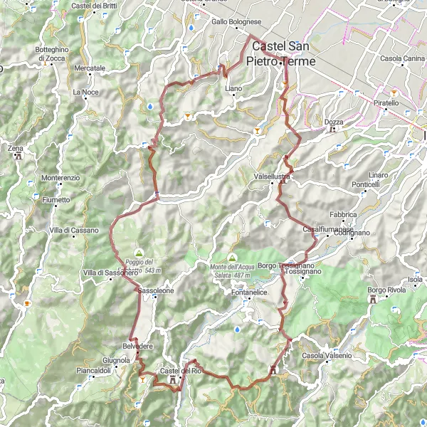 Zemljevid v pomanjšavi "Pozdrav iz Castel San Pietro Terme" kolesarske inspiracije v Emilia-Romagna, Italy. Generirano z načrtovalcem kolesarskih poti Tarmacs.app