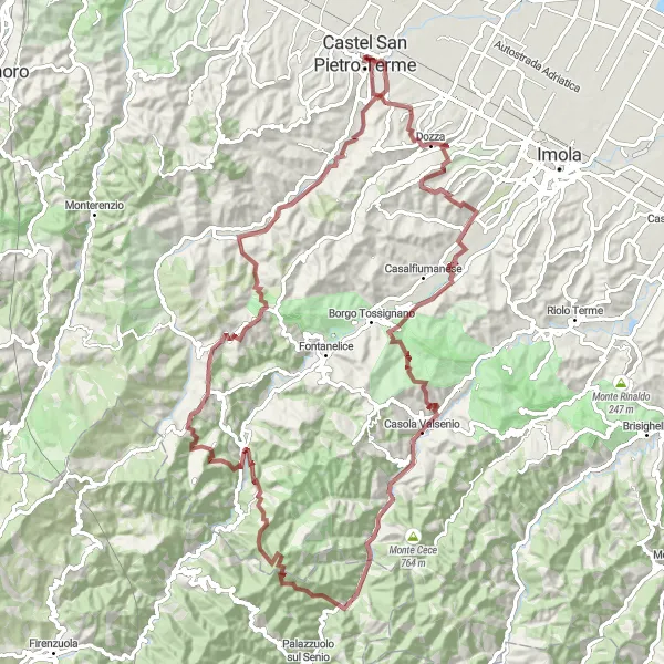 Zemljevid v pomanjšavi "Gorsko kolesarjenje okoli Castel San Pietro Terme" kolesarske inspiracije v Emilia-Romagna, Italy. Generirano z načrtovalcem kolesarskih poti Tarmacs.app